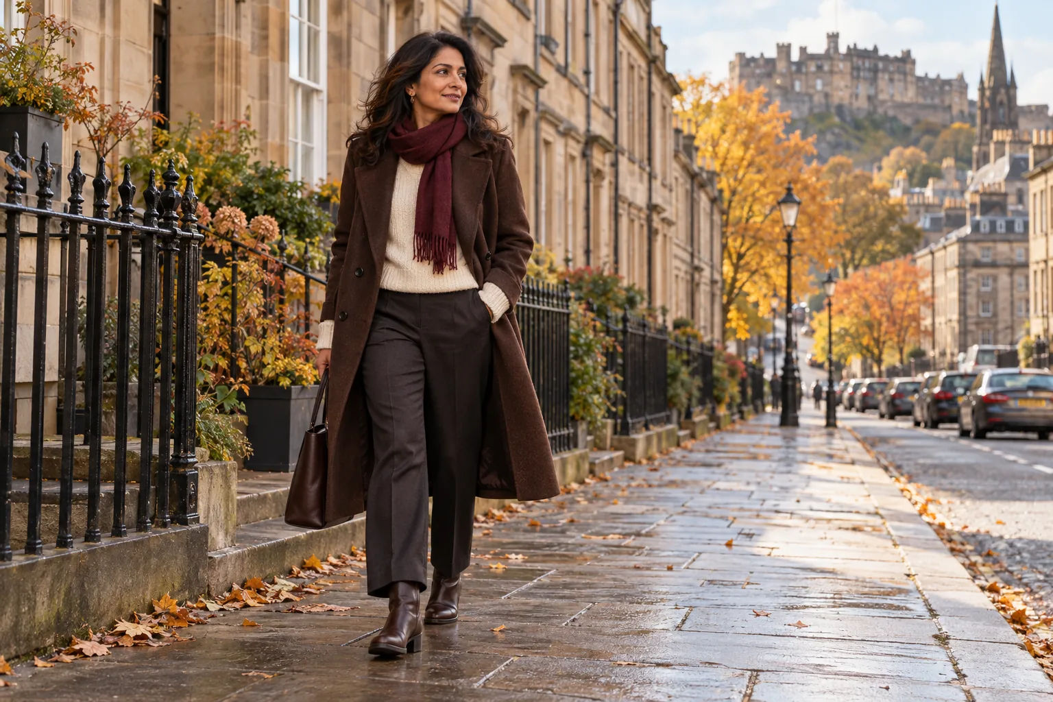 A woman in a chocolate brown coat and burgundy scarf walking in autumn Edinburgh