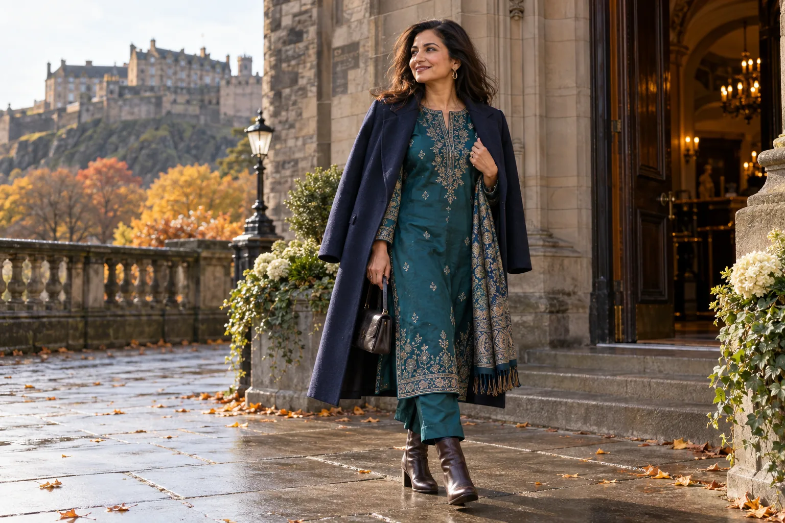 A woman in an embroidered teal kurta with a navy coat and boots outside an Edinburgh venue