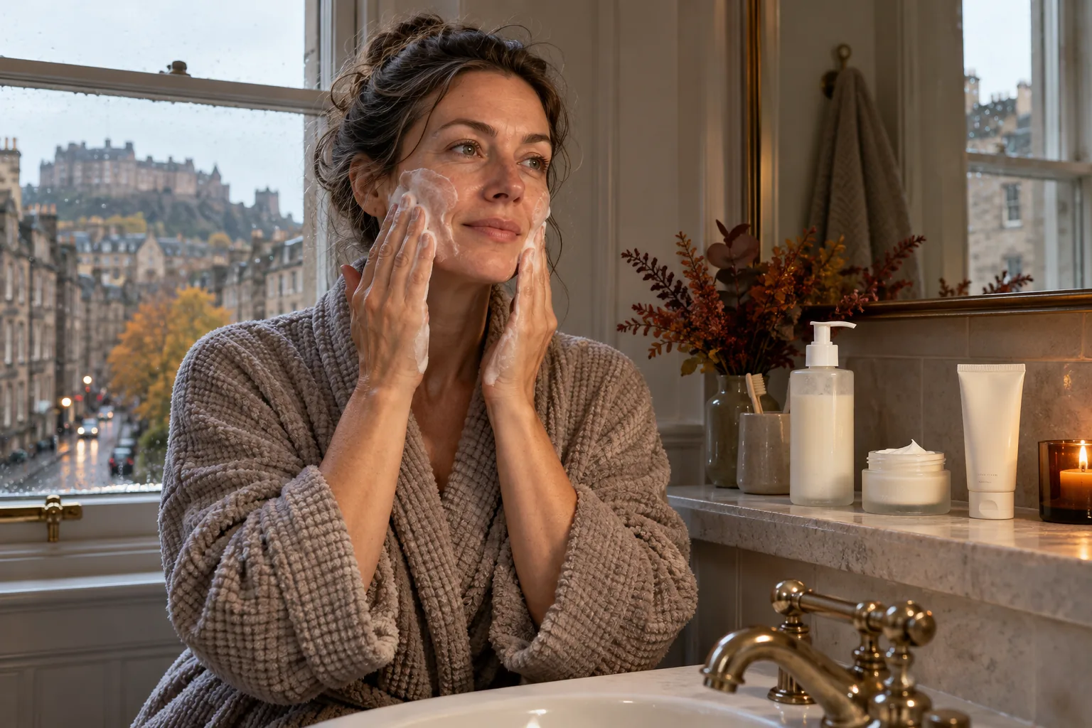 A woman cleansing her face beside a window overlooking a rainy Edinburgh street