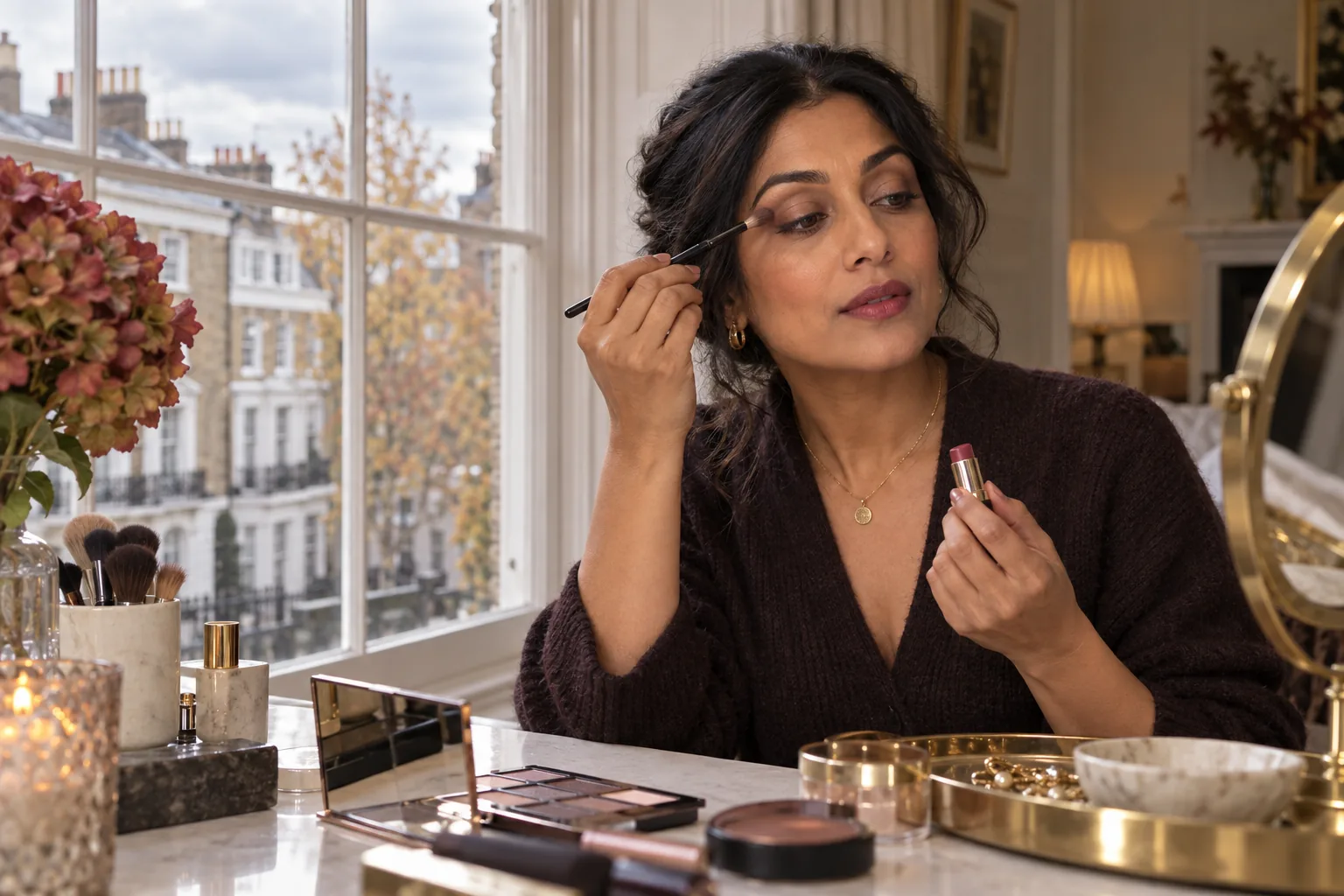 A woman applying soft taupe eye makeup beside a London window in autumn