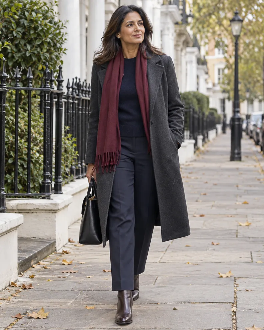 Navy trousers, fine knit, coat and scarf for cooler weather