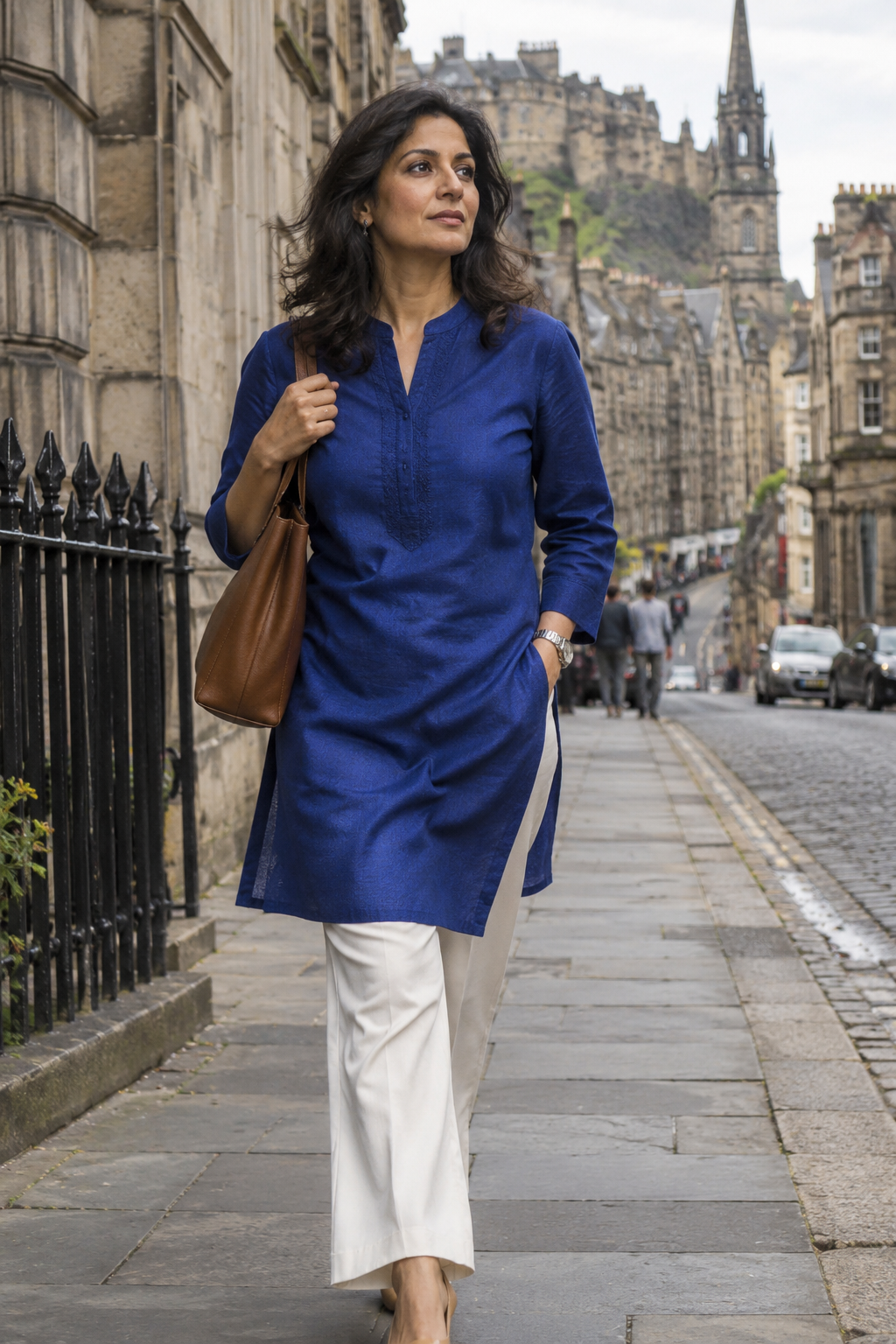 Woman in a blue kurta and ivory trousers on a city street