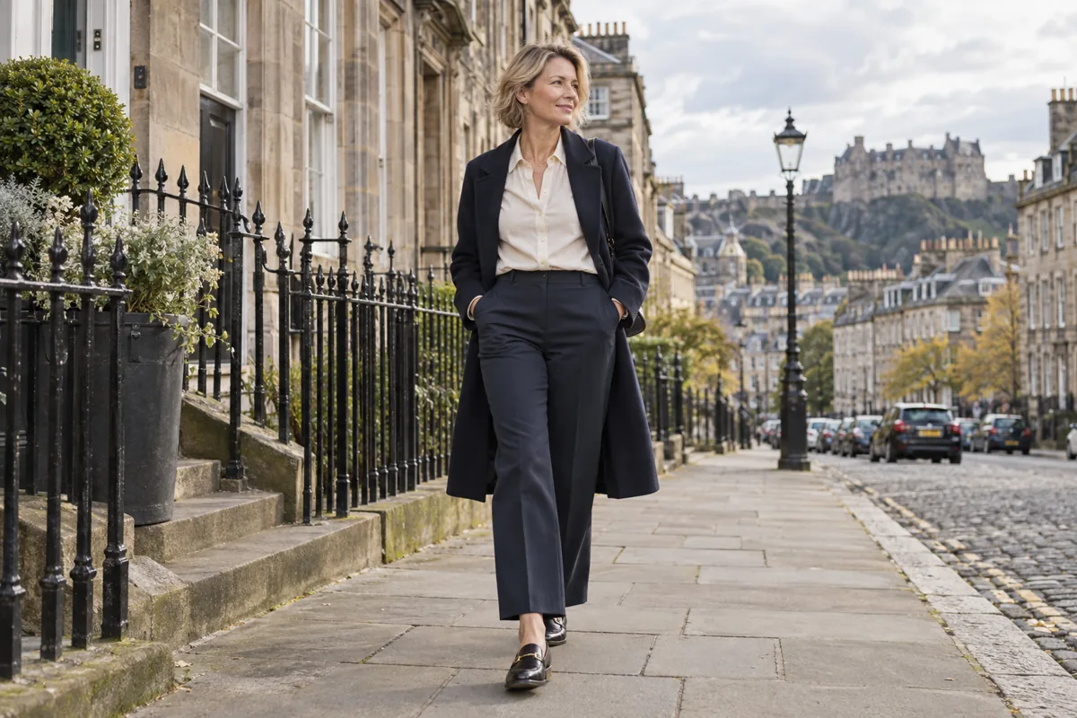 A woman wearing tailored trousers and a coat on an Edinburgh street