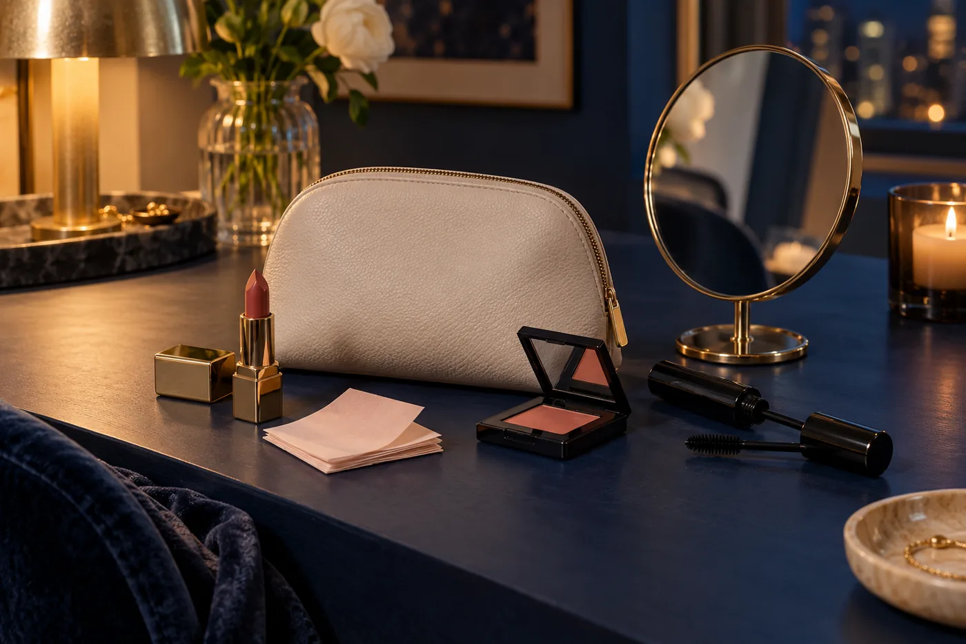 A compact makeup bag with simple evening essentials
