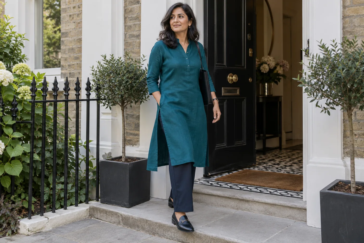 A teal kurta worn with navy trousers and loafers