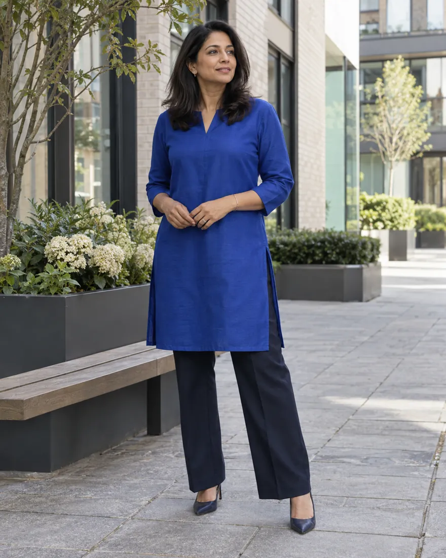 A cobalt kurta styled with navy trousers
