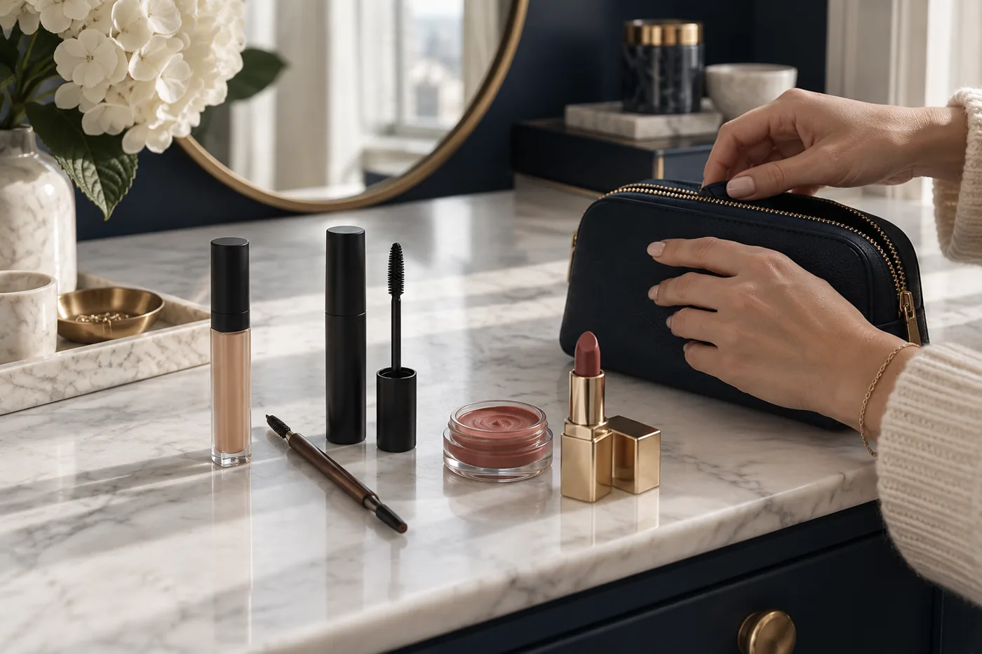 Five makeup essentials arranged by a small bag