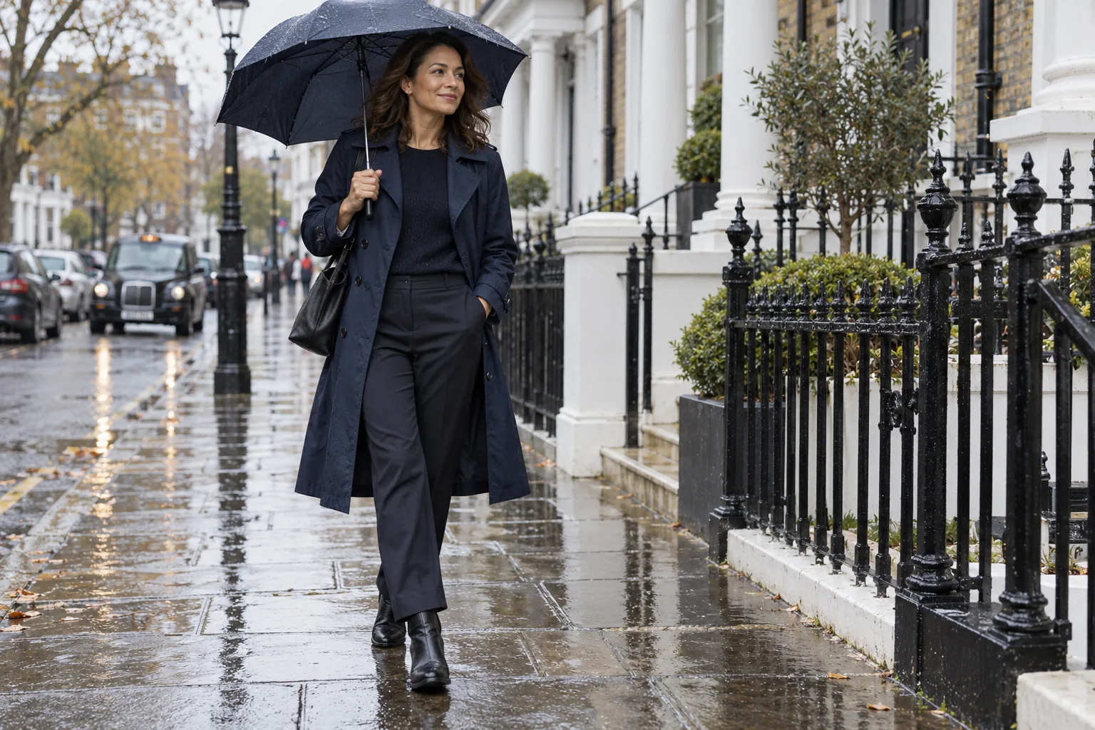A woman in a navy coat and trousers holding an umbrella on a rainy London street