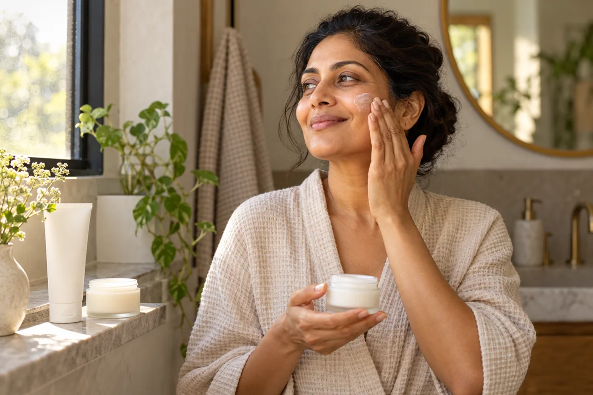 A woman applying moisturiser by a softly lit bathroom window
