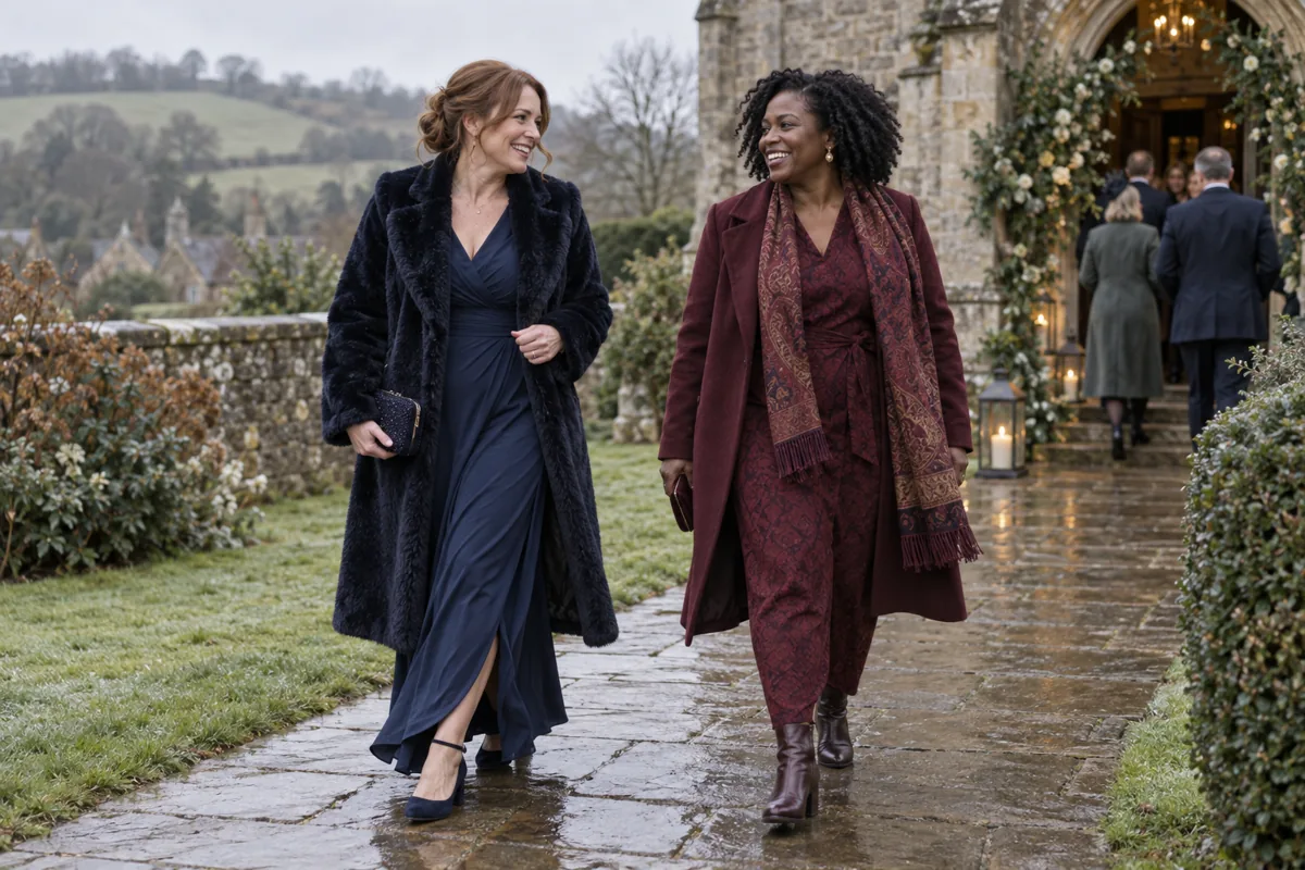 Two wedding guests wearing coats over formal outfits outside a country venue