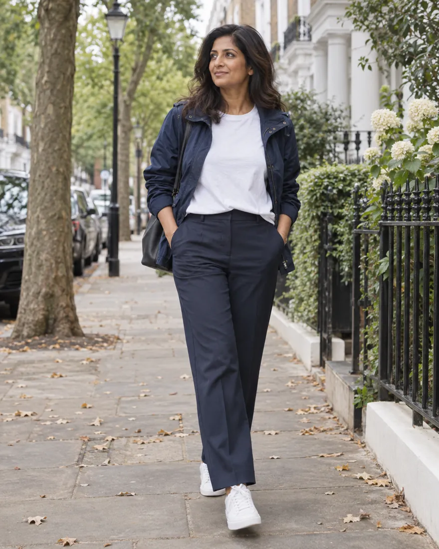 Navy trousers styled with a T-shirt, trainers and blue jacket