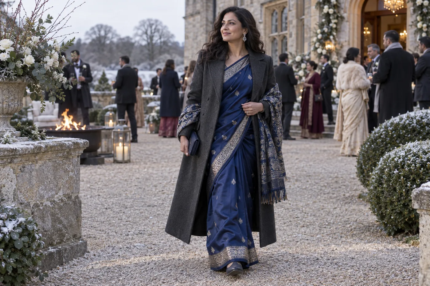 A blue saree styled with a long coat for winter